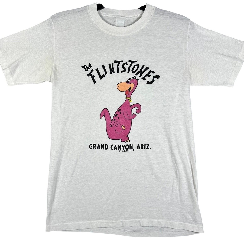 VINTAGE 80s Diamond Flintstones‎ Dino T Shirt Mens M White Grand Canyon Souvenir